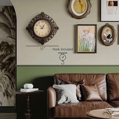 Clockswise 11" Classic Round Decorative Hanging Wall Clock with Ornate Floral Scroll Frame in Vintage Distressed Finish for Home Entryway Living Room Bedroom Kitchen Office Hotel & Restaurant, Brown