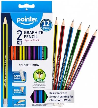 Pointer Wooden Pencils Pre-Sharpened HB Graphite Colorful Assorted Bodies, Hexagonal Grip for Comfortable Use with Soft Erasers Strong Break-Resistant Core Smooth Writing for Classrooms Work - 12Pcs