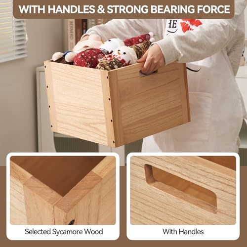 KIRIGEN Stackable Wood Storage Cube with Handles, Open Crate Bin, Natrual