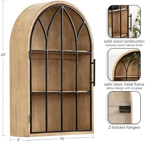 Kate and Laurel Megara Decorative Wooden Hanging Arched Wall Cabinet with Door for Open Storage; 16 x 5 x 24; Natural Wood and Black; Wooden Floating Wall Bathroom Cabinet for Above Toilet Storage