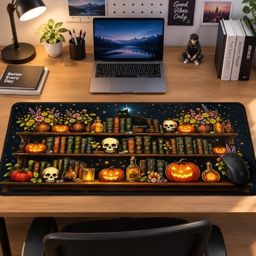 Pumpkin Bookshelf Large Mouse Pad, Black Cat Skull Desk Mat, 31.5"x15.75"