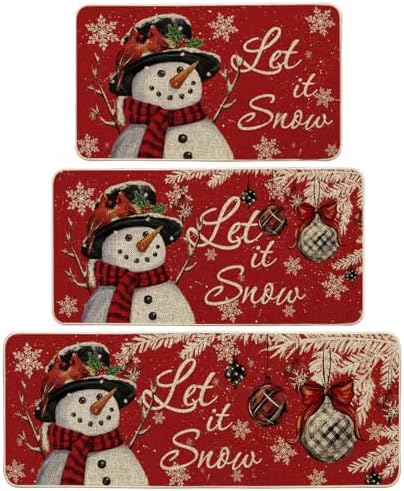 Artoid Mode Snowman Let It Snow Snowflake Christmas Kitchen Mats Set of 3, Winter Home Decor Low-Profile Kitchen Rugs for Floor - 17"x29"+17"x36"+17"x47"