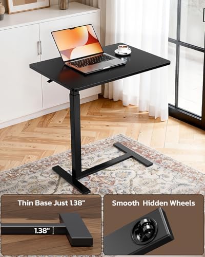 Overbed Bedside Table with Hidden Casters, Adjustable Pneumatic Mobile Laptop Computer Standing Desk, Rolling Laptop Table, Movable Overbed Table Hospital Home Use, Black