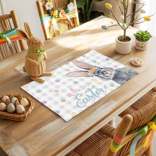 Easter Placemats Set of 6, Floral Bunny Place Mats Washable Dining Table Mats Spring Holiday Party Decor for Kitchen&Linens Outdoor Indoor, Polka Dots Grey Buffalo Plaid