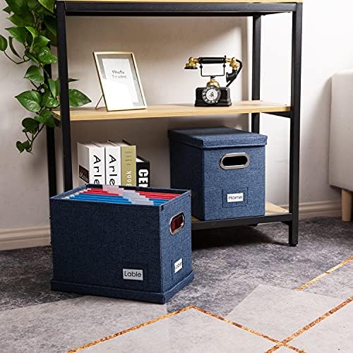 PRANDOM File Organizer Box - Set of 4 Collapsible Decorative Linen Filing Storage Hanging File Folders with Lids Office Cabinet Letter Size Navy Blue (14x9.3x10.8 inch)