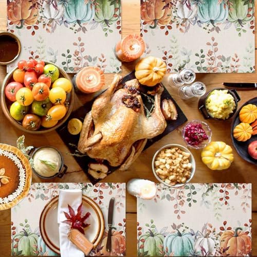 Fall Thanksgiving Placemats Set of 6, Autumn Pumpkins Eucalyptus Leaves Heat Resistant Washable Dining Table Mats Fall Holiday Farmhouse Decor for Kitchen&Linens Outdoor Indoor, Blue Sage Green Orange