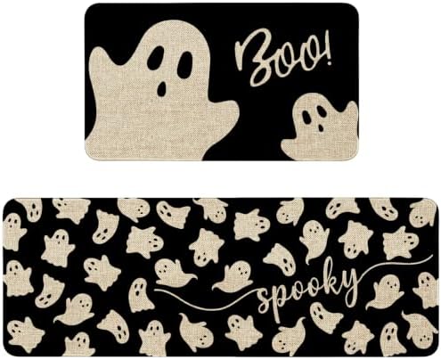Halloween Ghost Kitchen Mat Decor, Black Halloween Kitchen Rugs Set of 2