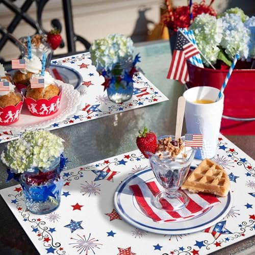 4th of July Placemats Set of 4, Patriotic Stars Fireworks Heat Resistant Washable Dining Table Mats Summer Farmhouse Decor for Kitchen&Table Linens Outdoor Indoor, Red White and Blue American Flag