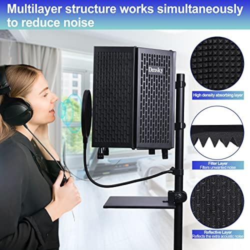 Dmsky Microphone Isolation Shield with Pop Filter & Tripod Stand, Foldable Mic Shield with Triple Sound Insulation, High Density Mic Sound Shield for Recording Studio, Podcasts, Singing, Broadcasting