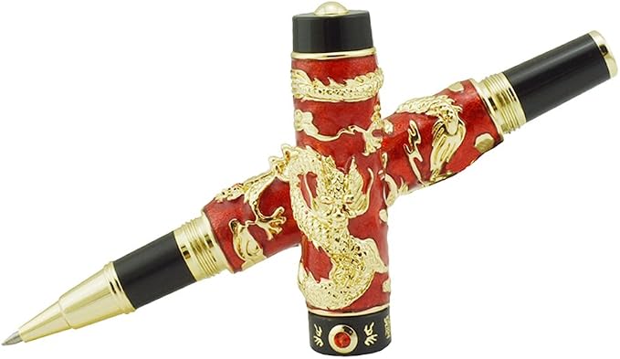 Jinhao Double Dragon Rollerball Pen Red Cloisonne Enamel Handcraft for Signature and Collection