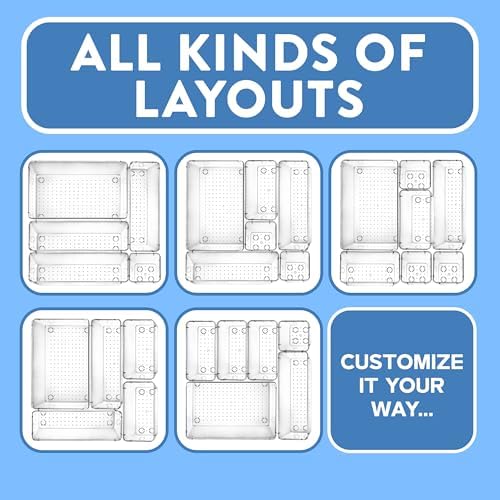 Drawer Organizer Set - Includes 3-piece 9x6 bins, 6-piece 9x3 bins, 8-piece 6x3 Bins, 8-piece 3x3 Bins, Stackable 4 Size Storage Trays for Makeup, Kitchen, and Office, 25 Pack