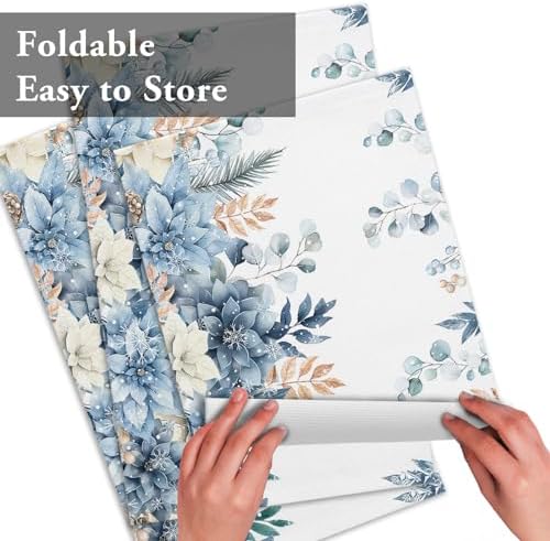 Blue Christmas Poinsettia Placemats Set of 4, Winter Eucalyptus Leaves Heat Resistant Washable Table Place Mats Cotton Table Linens Party Holiday Decor for Kitchen Dining Outdoor Indoor
