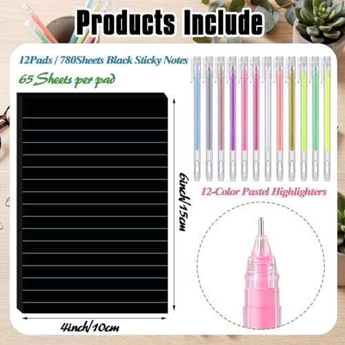 Yinder 24 Pcs Black Sticky Notes 4 x 6 Inch with Metallic Marker Pens