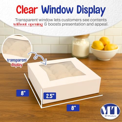 MT Products White Cookie Boxes - Size of 8" x 8" x 2.5" - (5 Pieces) Auto Pop-Up Bakery Boxes with Window - Made in the USA