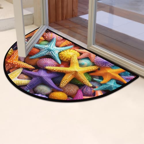 Ocean Starfish Half Round Door Mat Non Slip Washable Semi Circle Area Rug Absorbent Soft Half Moon Rug Floor Mat for Indoor Outdoor Kitchen Bathroom Patio Front Door Mat Decor