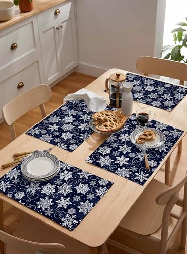 Christmas Placemat 1PC, White Navy Snowflakes Pattern Heat Resistant Washable Table Place Mats Winter Cotton Table Linens Party Holiday Decor for Kitchen Dining Outdoor Indoor