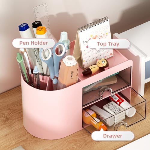Marbrasse Small Desk Organizer with Drawer, Multi-Functional Pen Pencil Holder Storage Box, Desk Organizers and Accessories with 4 Compartments + 2 Drawer for Office Art Supplies(Pink)