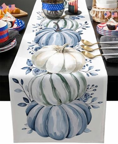 Fall Table Runner White Blue Pumpkin Table Runners Harvest Thanksgiving Blue Eucalyptus Leaves Cotton Linen Dresser Scarf Kitchen Dining Table Decor for Autumn Holiday Party Coffee 13x90 Inch