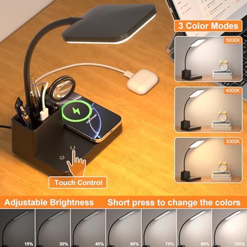 Wireless Charging Desk Lamp USB Charging & Pen Holder, Matte Black