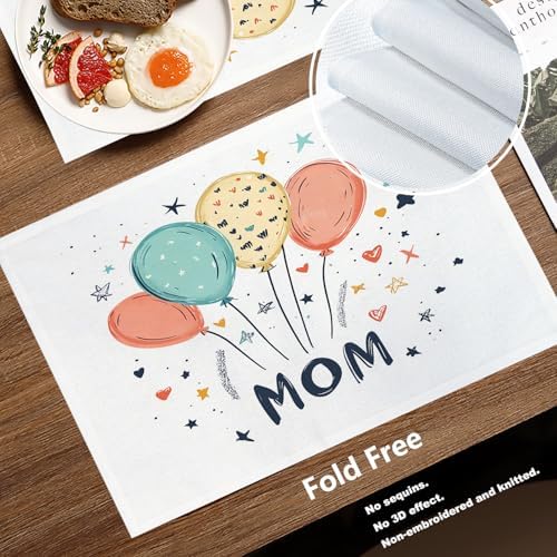 Batmerry Balloons Stars Mom Linen Placemats Set of 8, Happy Mother's Day Washable Table Mats for Kitchen Table Thickened Heat Insulation Dining Set Indoor Outdoor 12X18 in