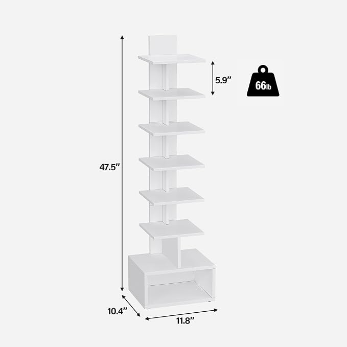 TUTOTAK Book Shelf, Narrow Spine Bookshelf, 8-Tier Bookcase for Small Space | 10.4 x 11.8 x 47.5 Inches Vertical Freestanding Corner Shelf for Living Room, Office, Study, Entryway, White BS07BW008