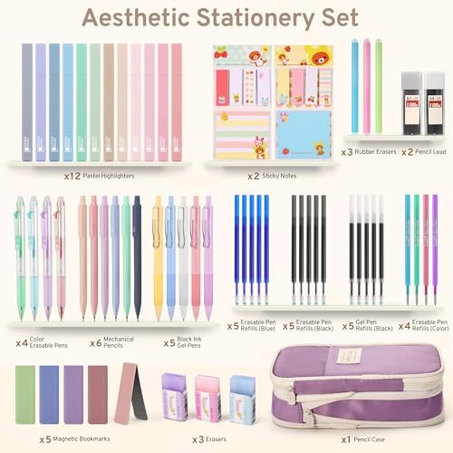 DazSpirit 62PCS Aesthetic Stationery Set with Foldable Pencil Case, Purple