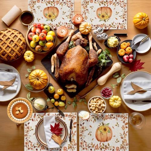 Boho Fall Placemats Set of 4, Thanksgiving Watercolor Pumpkins Heat Resistant Washable Table Place Mats Sunflowers Eucalyptus Table Linens Party Holiday Decor for Home Kitchen Dining Outdoor Indoor,