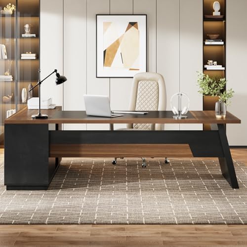 Tribesigns 78" L-Shaped Executive Desk, Large Office Desk with Drawers and File Cabinet, Modern Business Furniture for Home Office (Light Walnut + Black)