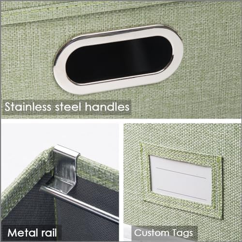 PRANDOM File Organizer Box - Set of 2 Collapsible Decorative Linen Filing Storage Hanging File Folders with Lids Office Cabinet Letter/Legal Size Green 17x14x11.2 inch