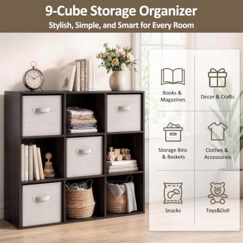PrimeZone 9 Cube Storage Organizer, Stackable Wood Cubby Bookshelf Espresso