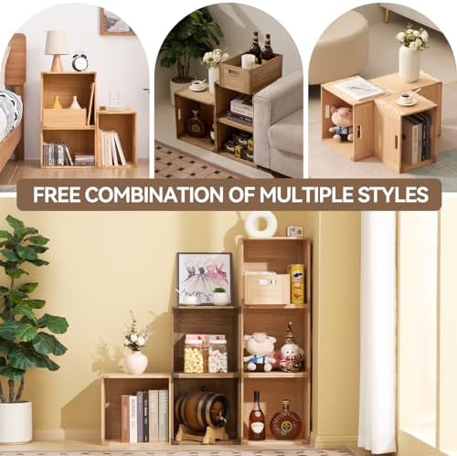 KIRIGEN Stackable Wood Storage Cube with Handles, Open Cubby Bin, Natural