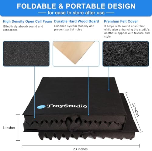 TroyStudio Large Microphone Isolation Shield, Foldable Vocal Booth Reflection Filter, 2 Inches Thick Acoustic Foam Panel Music Sing Podcast Recording Studio Adjustable Sound Box for Desk & Laptop