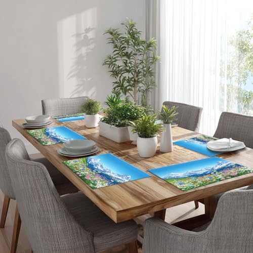 Batmerry Serene Environment Alpine Ry Linen Placemats Set of 8, Blooming Flora Mountainous Terrain Washable Table Mats for Kitchen Table Thickened Heat Insulation Dining Set Indoor Outdoor 12X18 in