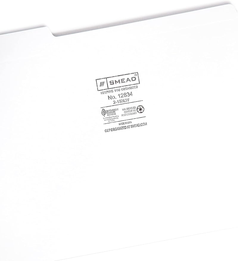 Smead File Folder, Reinforced 1/3-Cut Tab, Letter Size, White, 100 per Box (12834)
