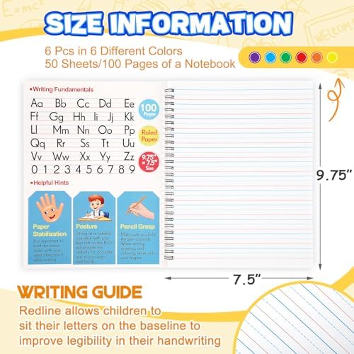 Henoyso 6 Pack Spiral Primary Composition Notebook for K-2, 100 Pages