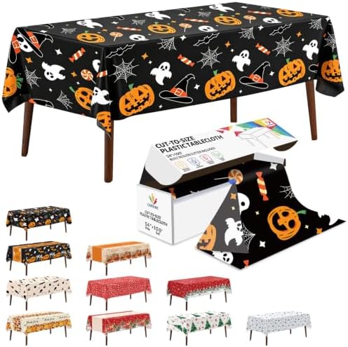 CXPSINC 54 Inch X 100 Feet Plastic Table Cover Roll Disposable Halloween Tablecloth with Slide Cutter Pumpkin Ghost Plistic Table Covers for Halloween Party Decorations((Pumpkin Ghost, 100 Feet)