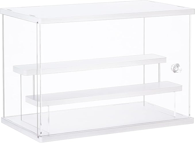 Dezzer Acrylic Display Case Stand with 2 Ladder Shelves, Clear Dustproof Protection Storage Display Box for Collectibles, Action Figures, Miniature Figurines, White (12.4x7x8.6in)