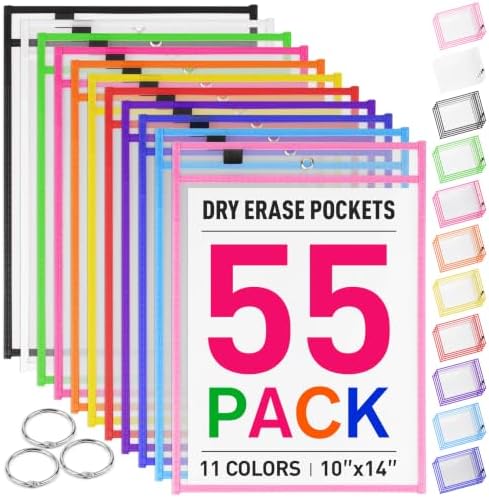 MR.MATE 55Pcs Dry Erase Pockets Sleeve 10x14,Clear Plastic Sheet Protectors