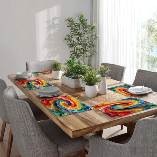 Batmerry Colorful Grunge Macro Closeup Placemats, Multicolor Abstract Art Washable Linen Table Mats for Kitchen Table Double Insulation Decor Dining Set Indoor Outdoor 12X18 in Set of 6