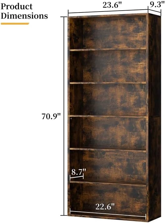 Shintenchi Bookshelf,6-Tier Open Bookcase and Bookshelves,6 Shelf Display Storage Shelves Floor Standing 70.6 inches Tall Bookcase for Home Office, Living Room (Brown)