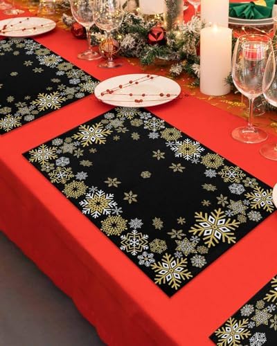 Gold White Snowflakes Chriatmas Placemats Set of 6, Winter Xmas Holiday Heat Resistant Washable Table Place Mats Black Cotton Table Linens Party Holiday Decor for Kitchen Dining Outdoor Indoor