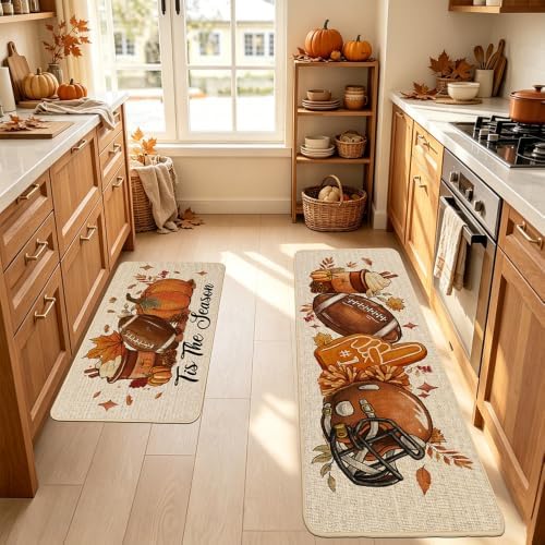 Baccessor Fall Pumpkin Kitchen Rugs Set of 2,Tis The Season Autumn Football Thanksgiving Farmhouse Mats Washable Non Slip Low-Profile Indoor Floor Holiday Hallway Sink Decor 17x29 and 17x47 Inch