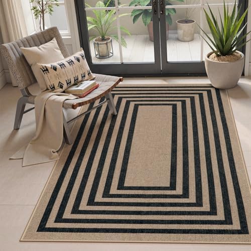 Lahome Modern Geometric Easy Jute Entryway Rug, 4x6 Black Washable Rug