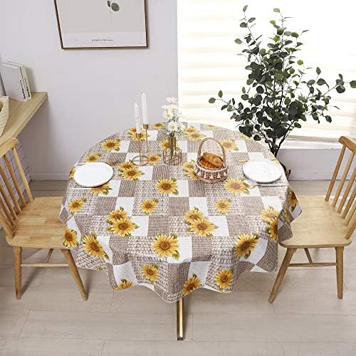 LIBERECOO 60" Round Vinyl Tablecloth Flannel Backing, Sunflower Stain-Resistant Waterproof Plastic Table Cover for Indoor/Outdoor