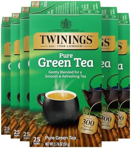 Twinings Pure Green Tea, Caffeinated, Tea Bags, 25 CT Box (6 Pack)