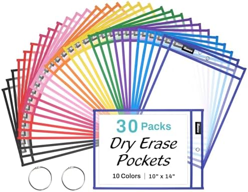 SUNEE 30 Packs Oversized Reusable Dry Erase Pocket Sleeves with 2 Rings, 10 Assorted Colors 10x14 Ticket Holders, Clear Plastic Sheet Protectors, Teacher School Classroom Supplies