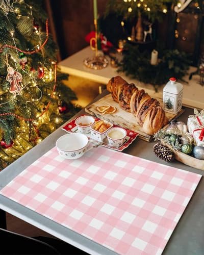 Christmas Placemat 1PC, Rustic Pink White Buffalo Check Plaid Pattern Heat Resistant Washable Table Place Mats Farmhouse Cotton Table Linens Party Holiday Decor for Kitchen Dining Outdoor Indoor