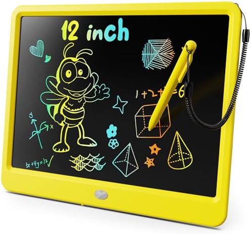 KOKODI LCD Writing Tablet, 12 Inch Colorful Toddler Doodle Board Drawing Tablet, Erasable Reusable Electronic Drawing Pads, Educational and Learning Toy for 3-6 Years Old Boy and Girls(Yellow)