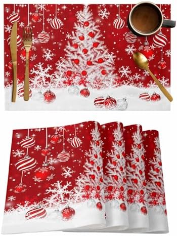 Red Christmas Placemat 1PC, White Xmas Tree Snowflakes Red Balls Heat Resistant Washable Table Place Mats Winter Cotton Table Linens Party Holiday Decor for Kitchen Dining Outdoor Indoor