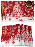 Red Christmas Placemat 1PC, White Xmas Tree Snowflakes Red Balls Heat Resistant Washable Table Place Mats Winter Cotton Table Linens Party Holiday Decor for Kitchen Dining Outdoor Indoor